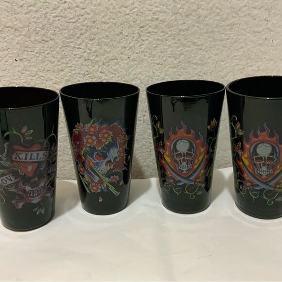 Ed Hardy Designs Black Drinking Glass Tumblers set of 4 - Picture 1 of 7